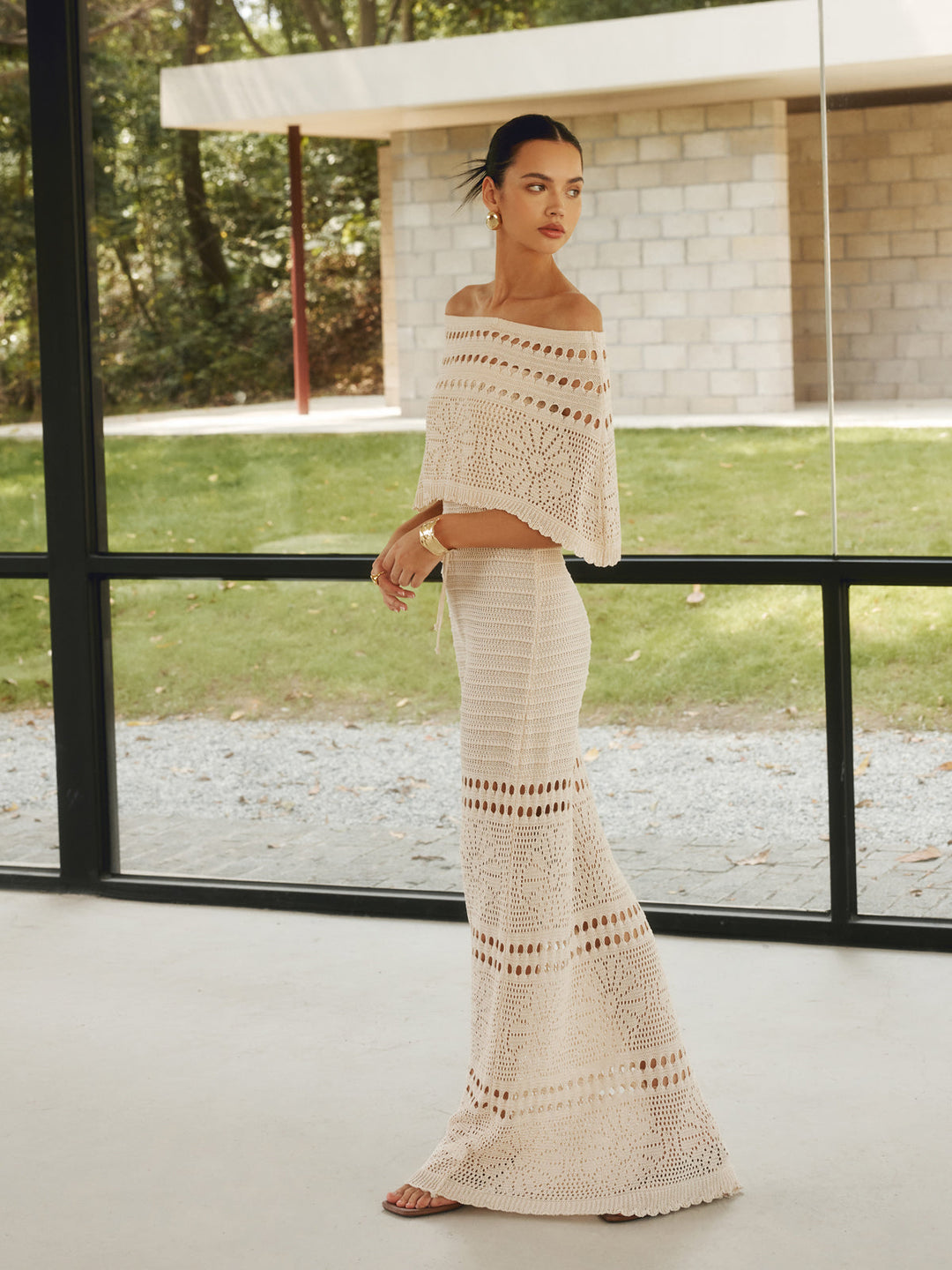 Hollow Out Off-Shoulder Maxi Dress With A Shawl  Liora Lane Boutique Dresses
