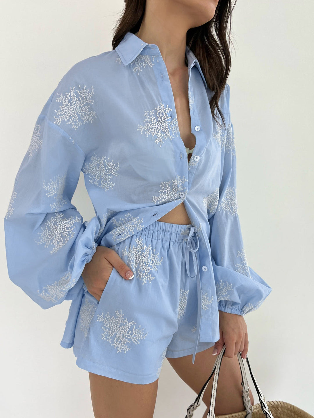 Semi-Sheer Plant Embroidery Casual Shorts Set  Liora Lane Boutique Short Sets Blue / XL 74.00