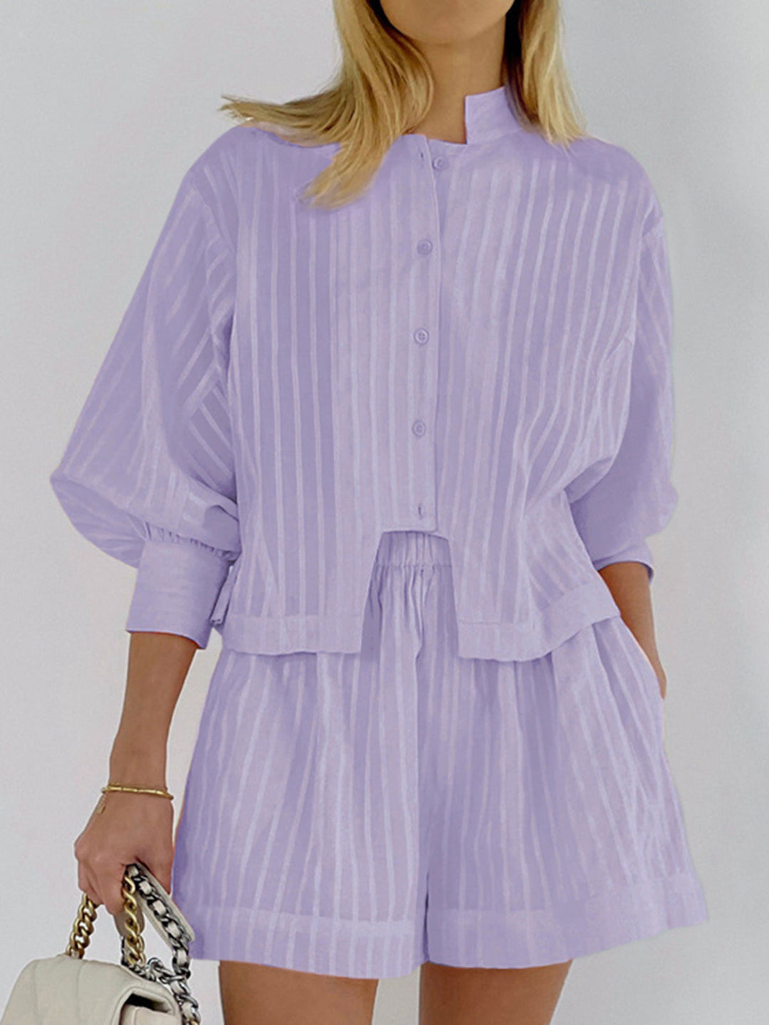 Pure Cotton Pinstripe Long-Sleeve Shorts Set  Liora Lane Boutique Short Sets Purple / XL 55.00