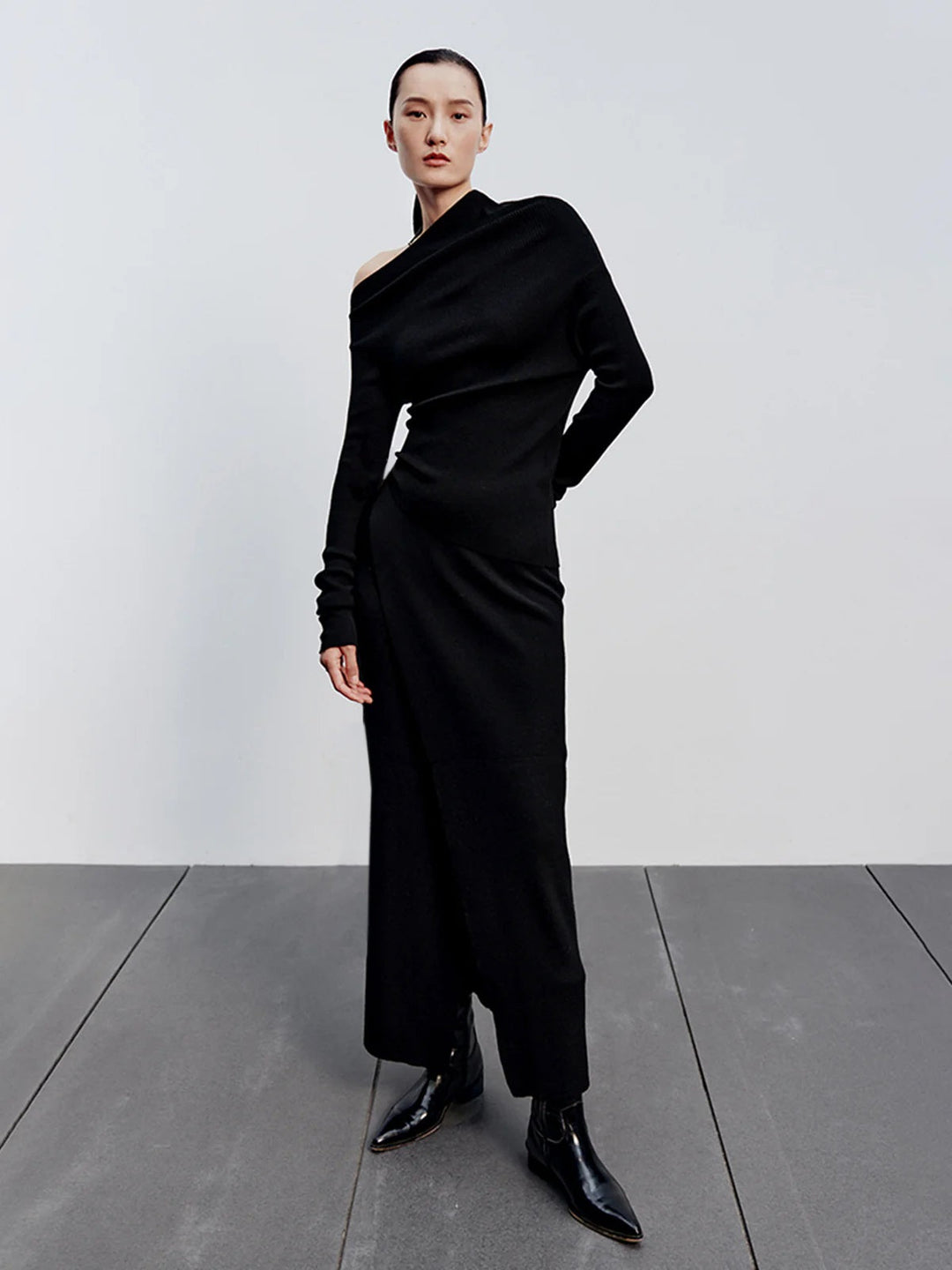 Caramel Asymmetric Neckline Long Sleeve Knit Top  Liora Lane Boutique Knit Tops