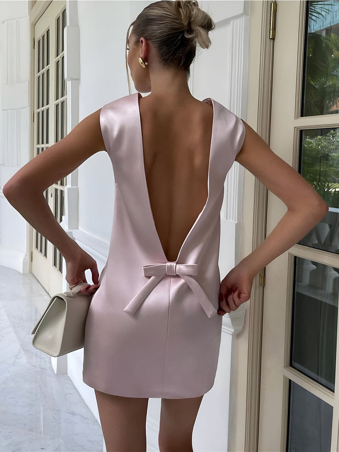Satin Backless Bow Detail Short Dress  Liora Lane Boutique Dresses Pink / XL 39.00