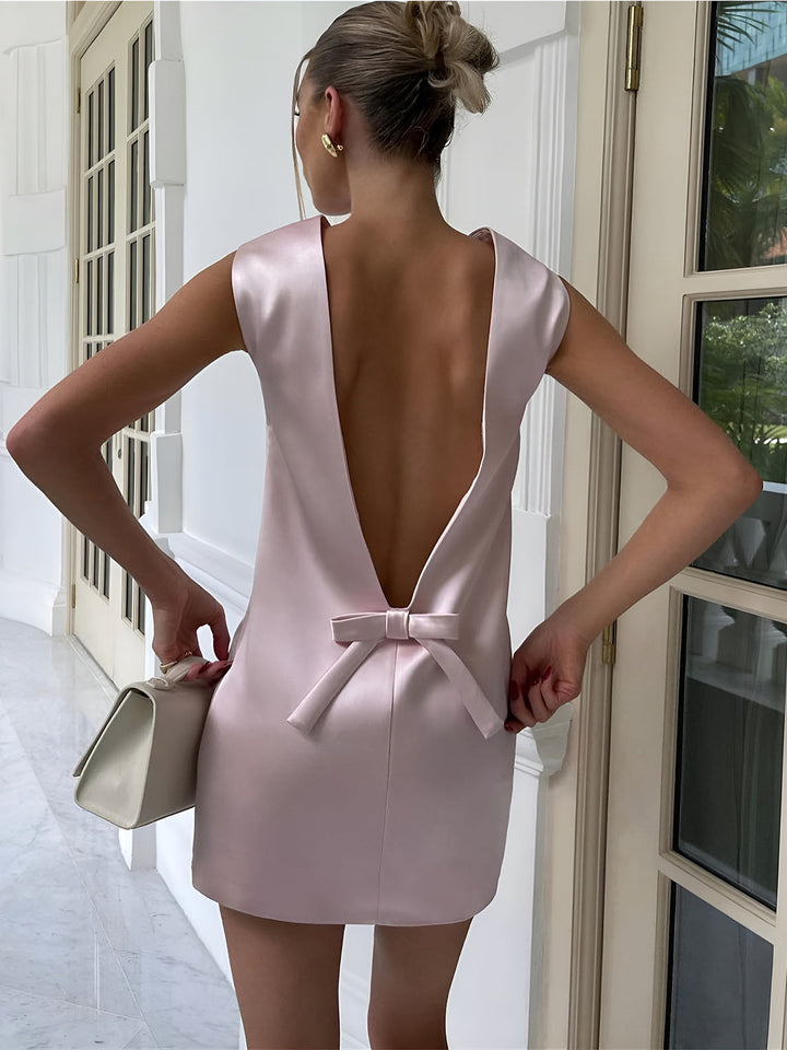 Satin Backless Bow Detail Short Dress  Liora Lane Boutique Dresses Pink / XL 39.00