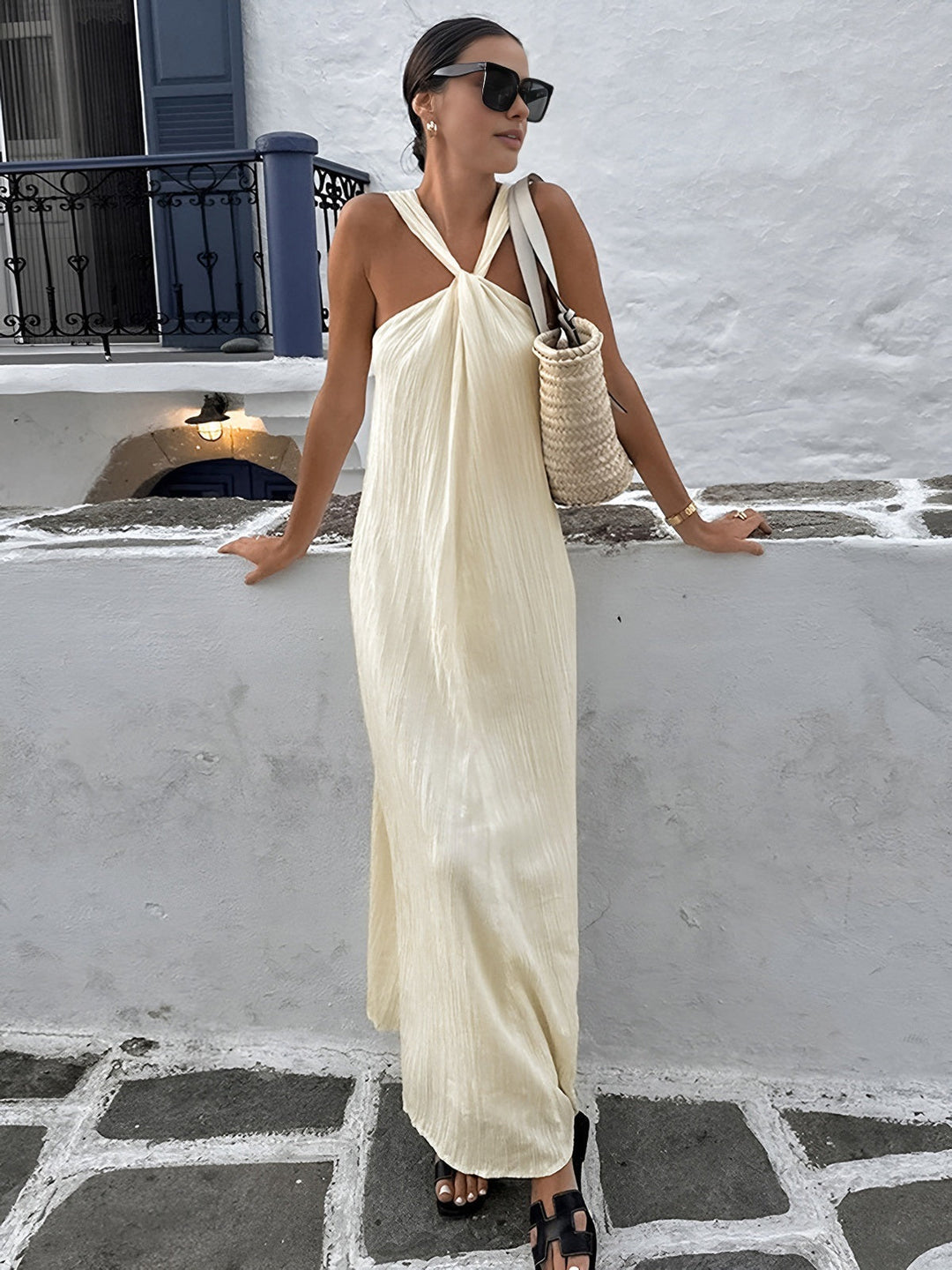 Creamy Halter Long Dress  Liora Lane Boutique Dresses Off-White / XL 94.99