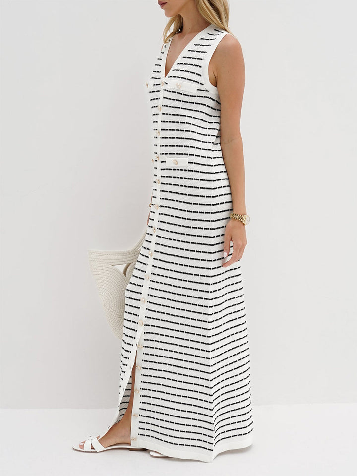 Striped Metal Button Long Sweater Dress  Liora Lane Boutique Sweater Dresses