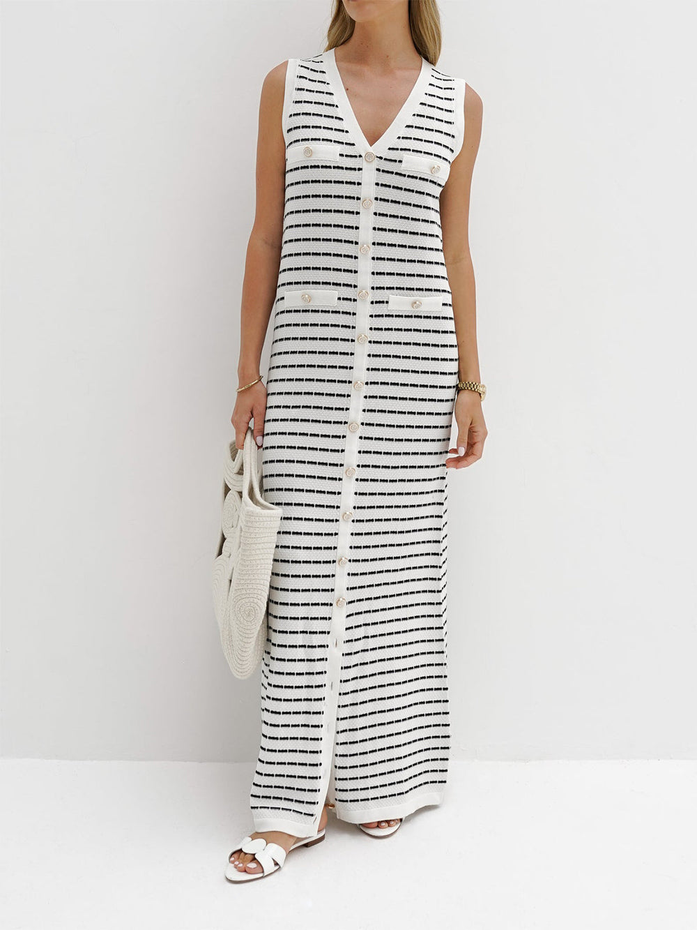 Striped Metal Button Long Sweater Dress  Liora Lane Boutique Sweater Dresses