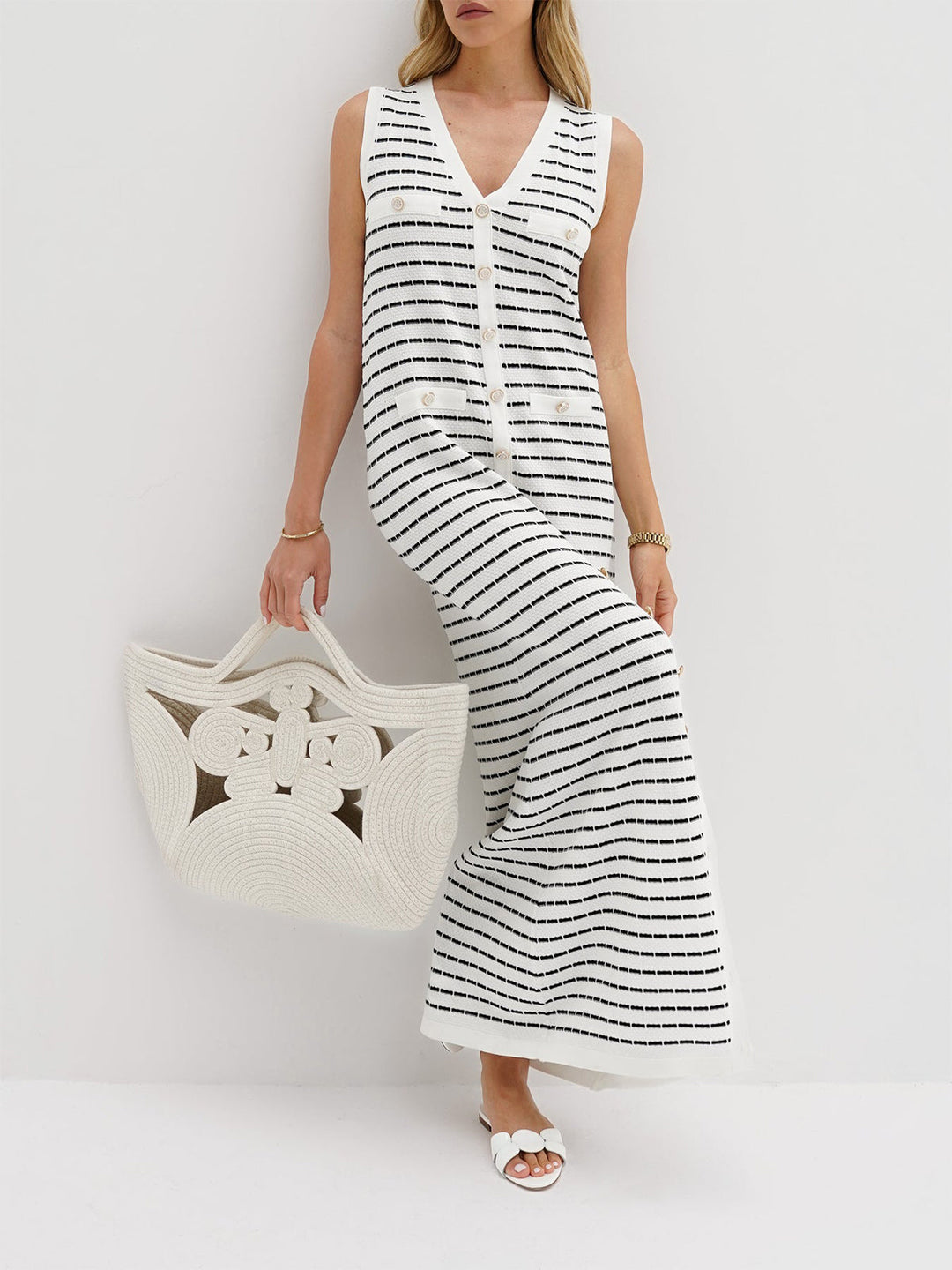 Striped Metal Button Long Sweater Dress  Liora Lane Boutique Sweater Dresses