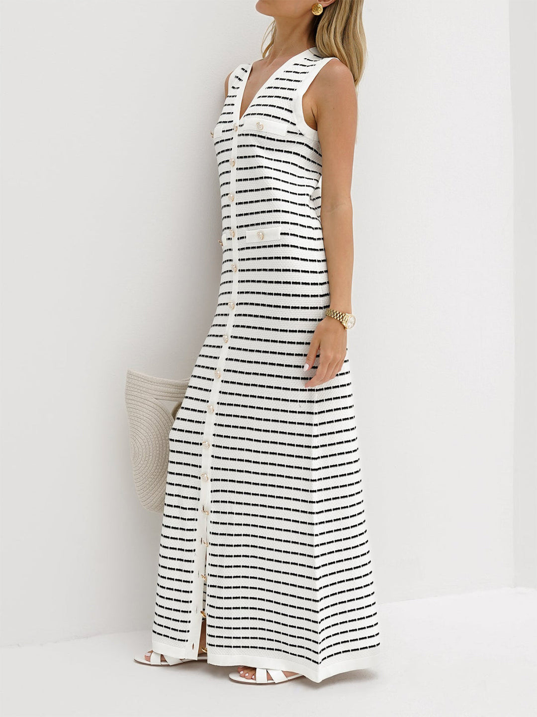 Striped Metal Button Long Sweater Dress  Liora Lane Boutique Sweater Dresses White / XL 134.99