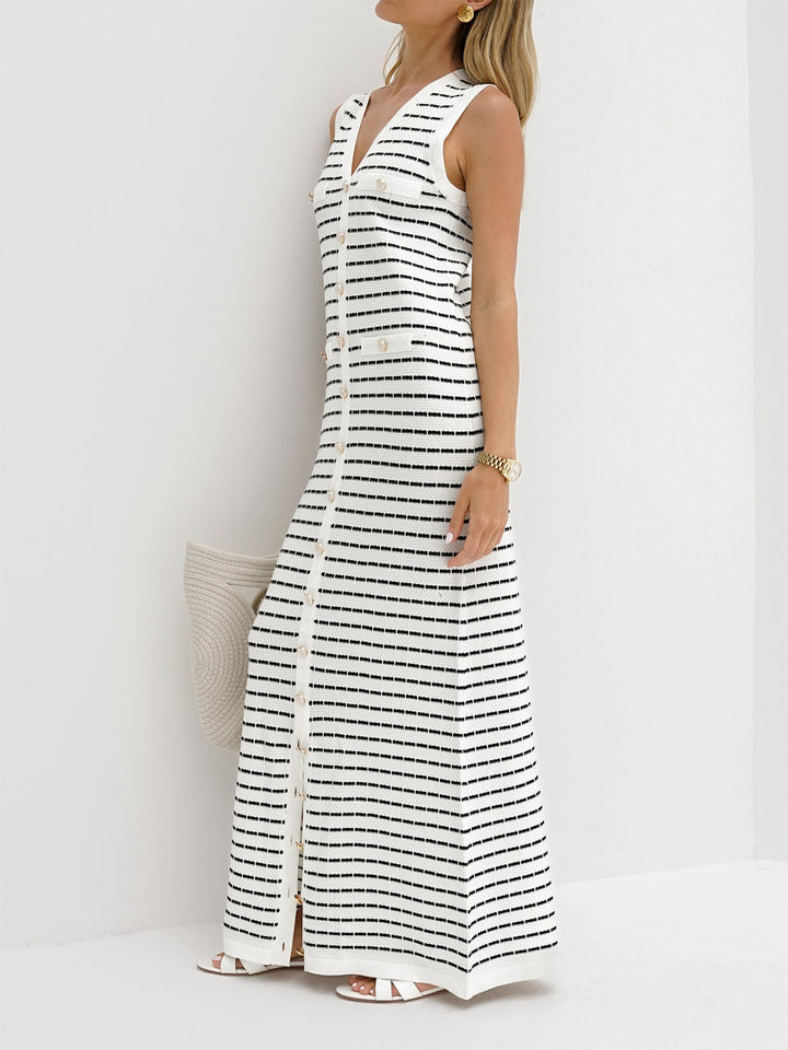 Striped Metal Button Long Sweater Dress  Liora Lane Boutique Sweater Dresses White / XL 134.99