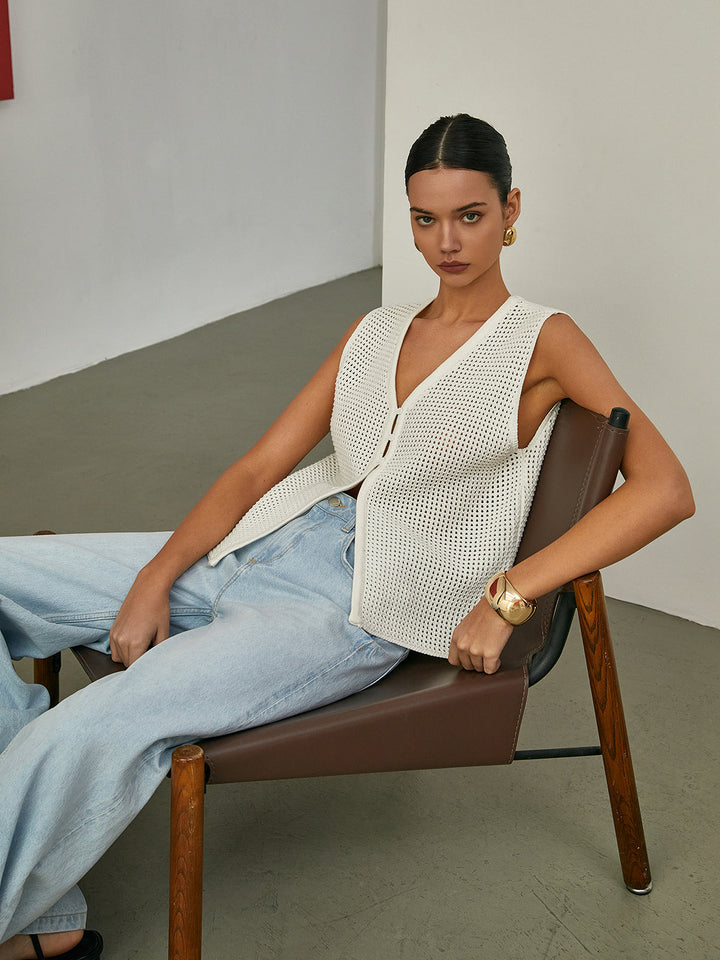 Hollow Sleeveless Knit Cardigan  Liora Lane Boutique Cardigans Off-White / XL 84.99