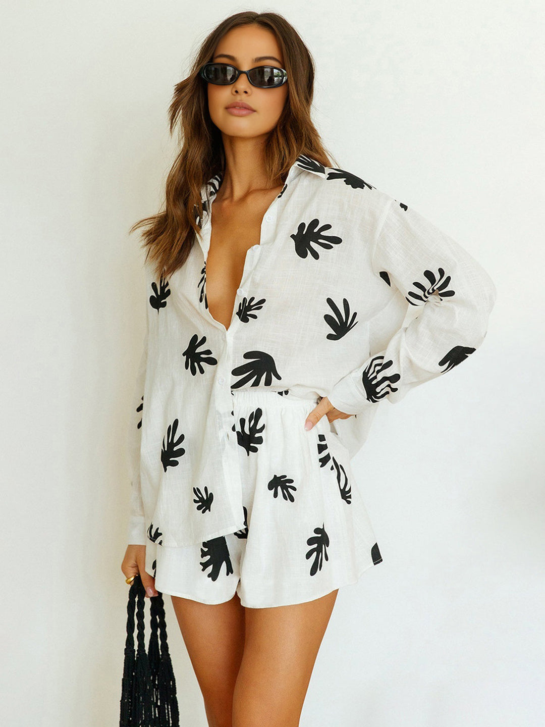 Chill Life Plant Print Shorts Set  Liora Lane Boutique Short Sets BlackandWhite / XL 42.00