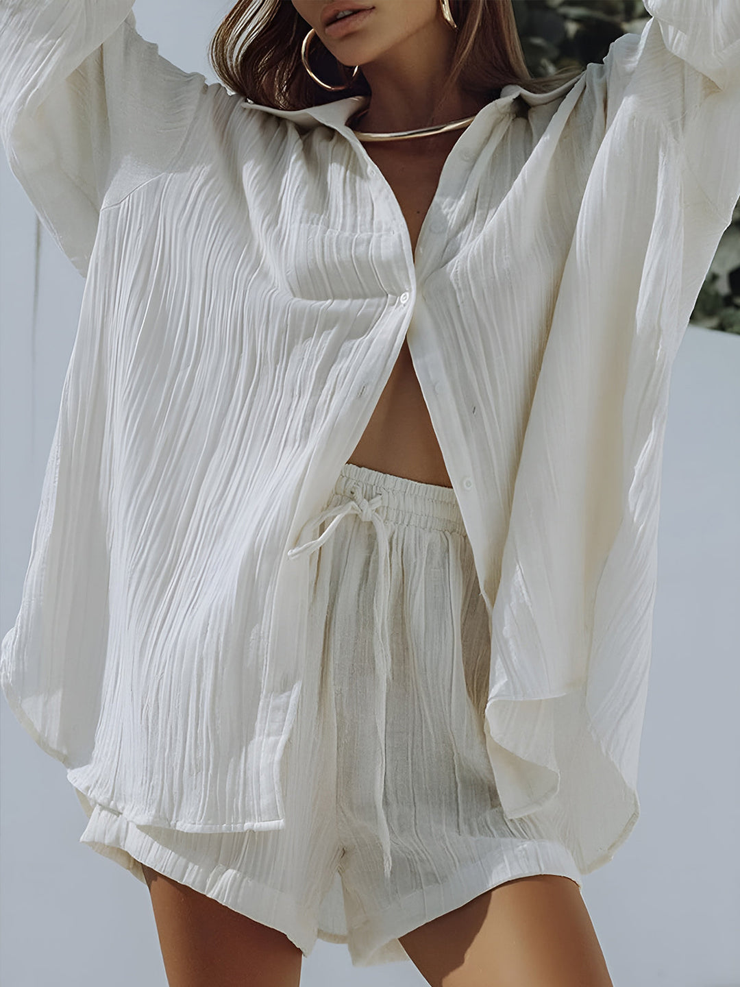 Cotton Blends Pockets Drawstring Shorts Set  Liora Lane Boutique Short Sets White / XL 54.00