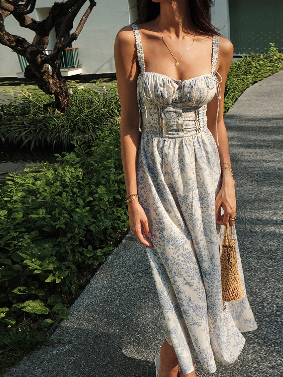 Sapphire Garden Floral Cami Midi Dress  Liora Lane Boutique Dresses Bluewhite / XL 49.00