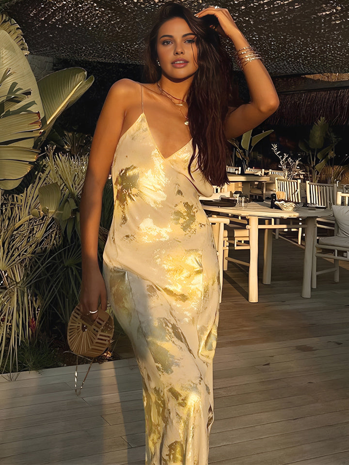Metallic Print V-Neck Backless Slip Long Dress  Liora Lane Boutique Dresses