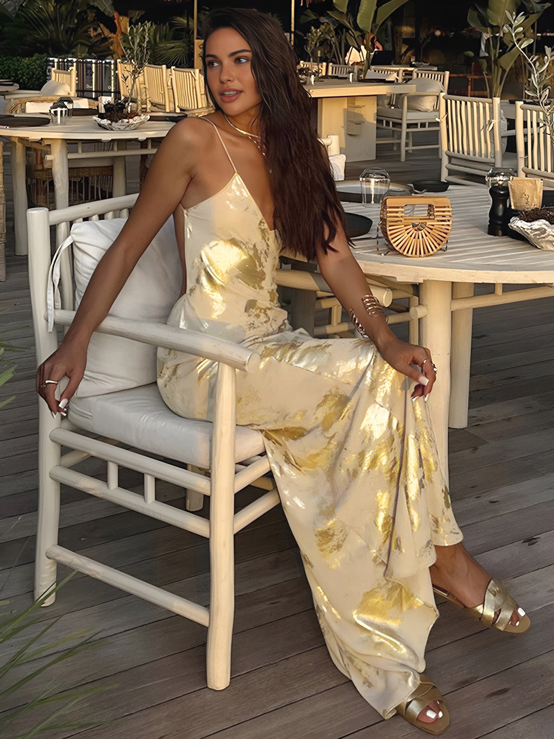 Metallic Print V-Neck Backless Slip Long Dress  Liora Lane Boutique Dresses Gold / XL 34.00