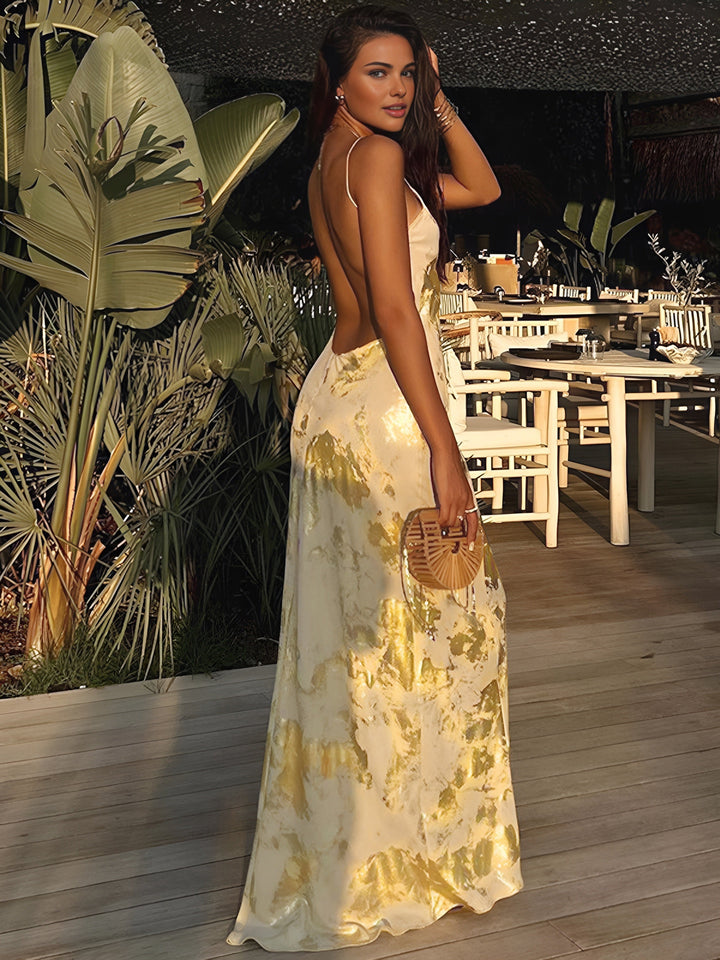 Metallic Print V-Neck Backless Slip Long Dress  Liora Lane Boutique Dresses