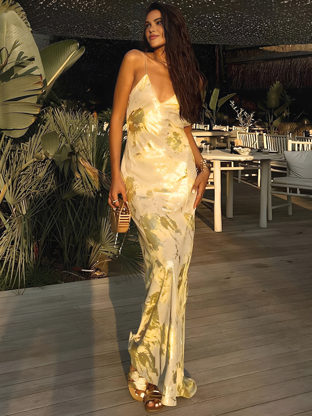 Metallic Print V-Neck Backless Slip Long Dress  Liora Lane Boutique Dresses