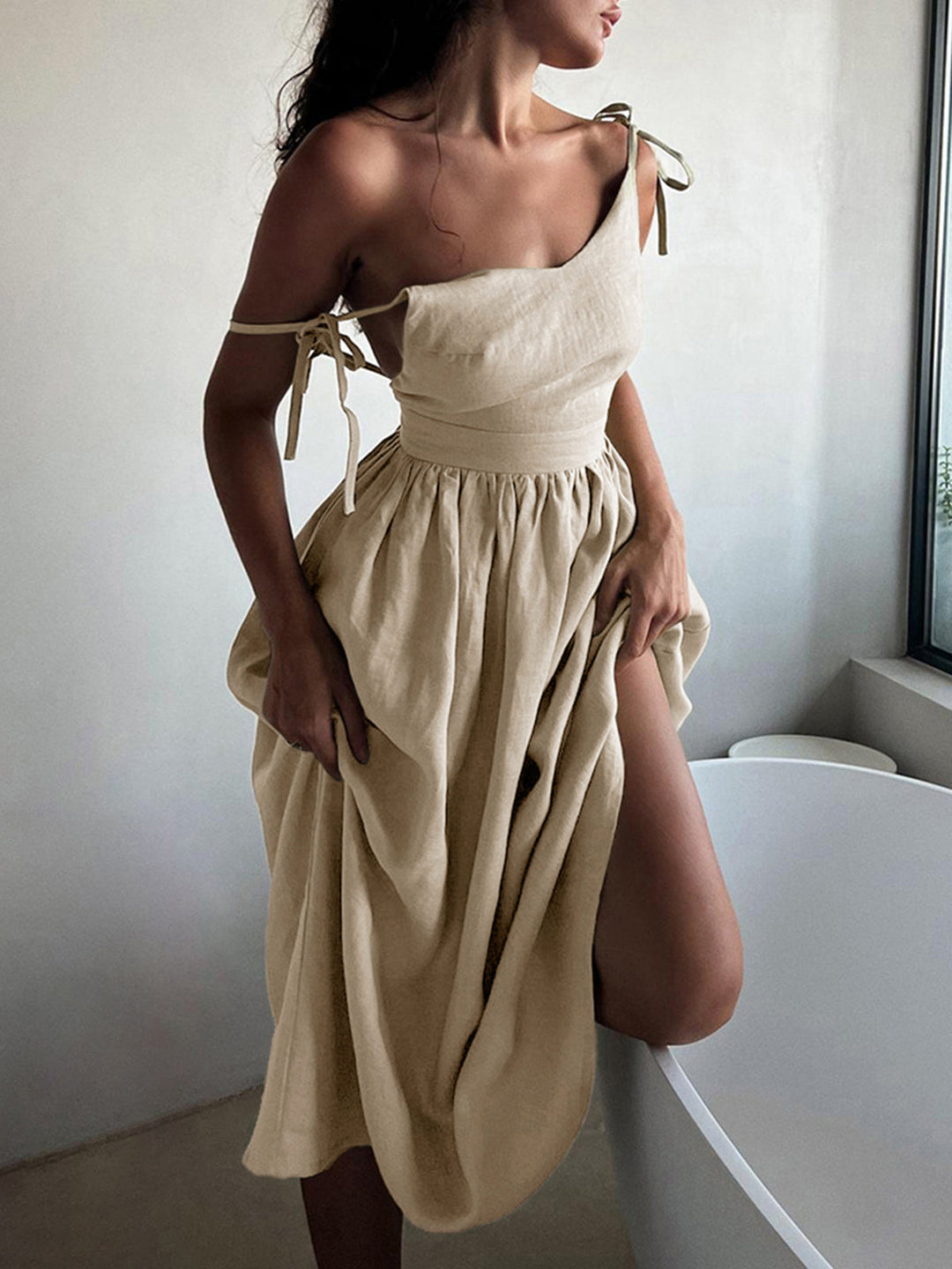Cotton & Linen Backless Long Dress  Liora Lane Boutique Dresses Apricot / XL 58.00