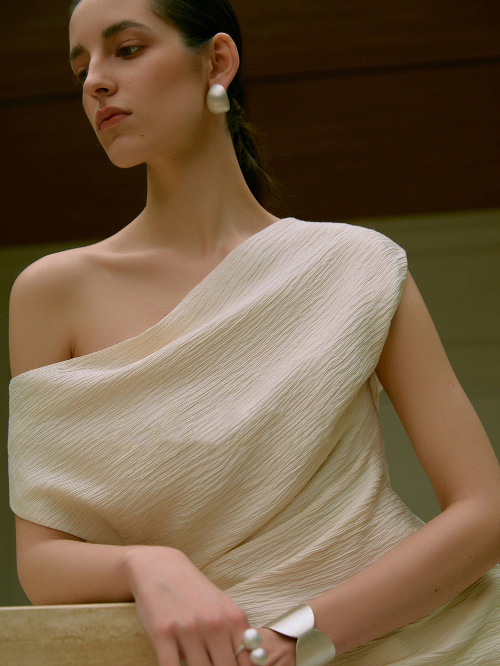 Asymmetrical Neck One Shoulder Off Pleated T-Shirt  Liora Lane Boutique T-Shirts