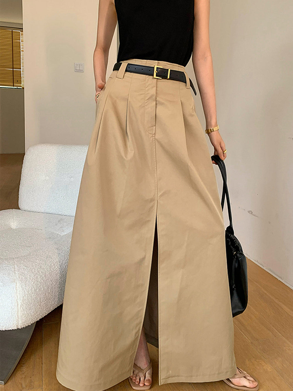 Oversized Cotton Split Maxi Skirt Without Belt  Liora Lane Boutique Skirts