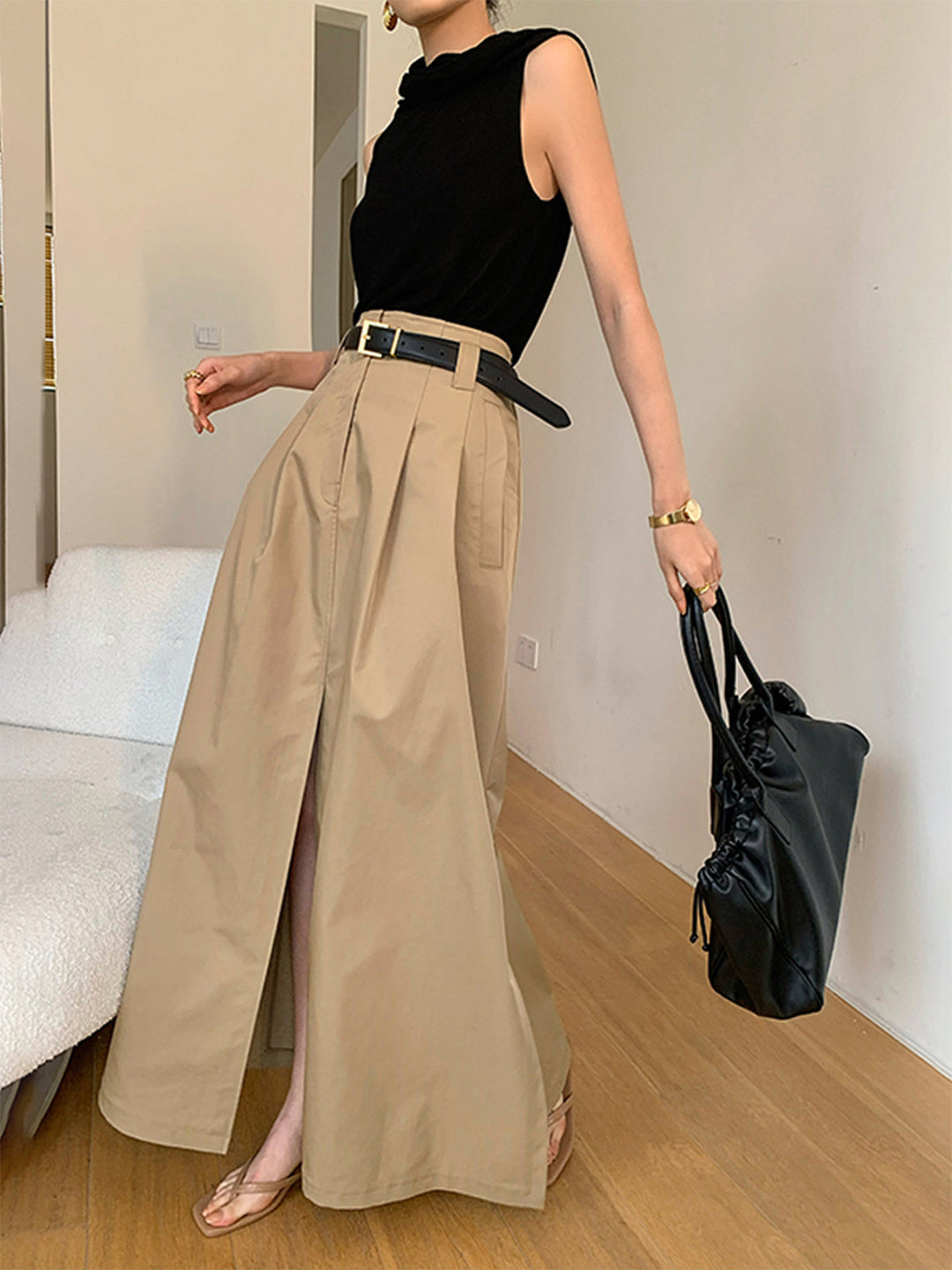 Oversized Cotton Split Maxi Skirt Without Belt  Liora Lane Boutique Skirts Khaki / XL 42.00