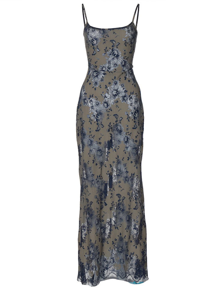 Semi-Sheer Midnight Garden Lace Up Cami Long Dress  Liora Lane Boutique Dresses