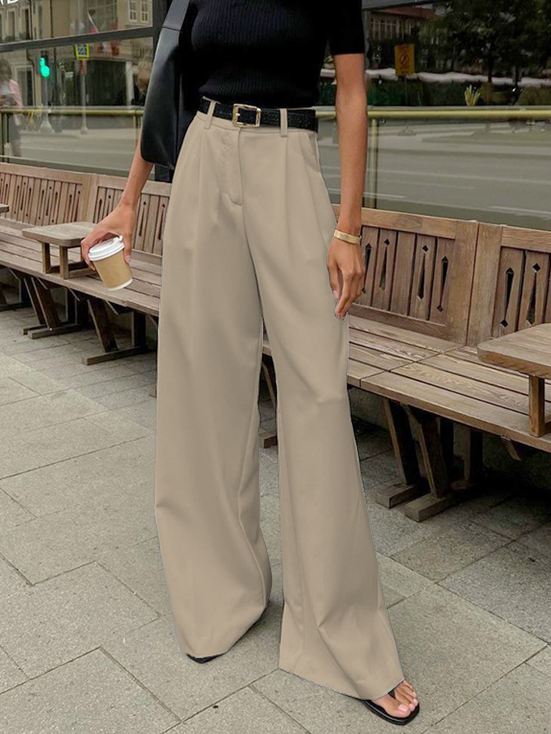 Solid Wide Leg Pants Without Belt  Liora Lane Boutique Pants Khaki / XL 49.00