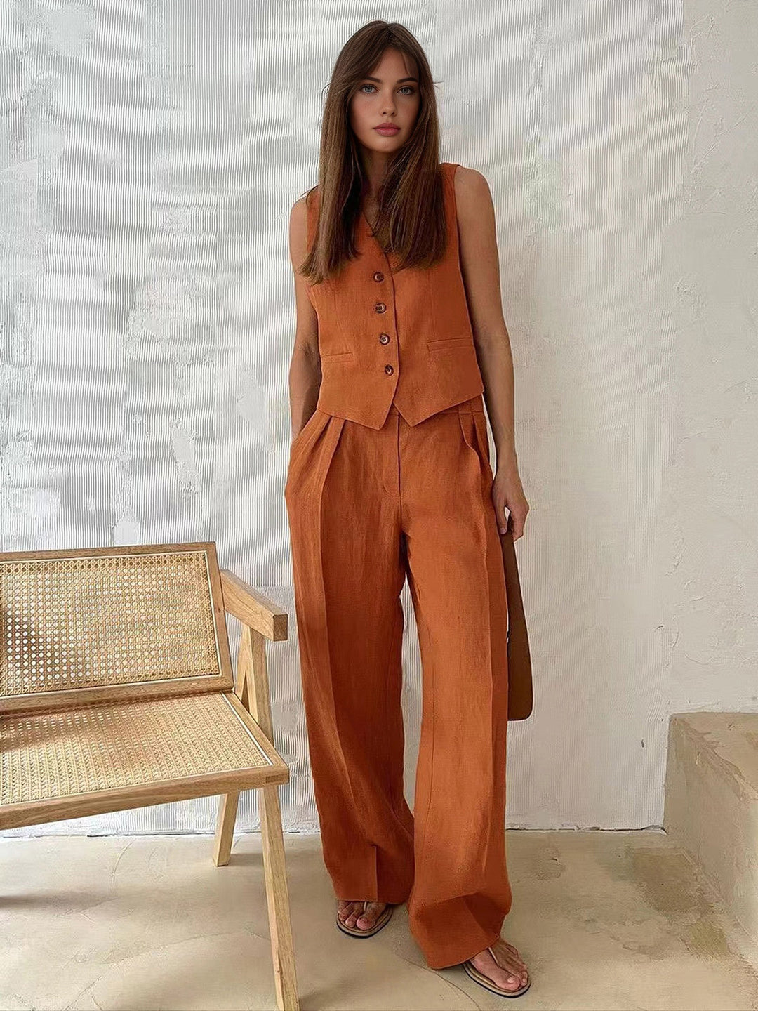 Cotton & Linen Pants Set  Liora Lane Boutique Pant Sets Orange / XL 162.99