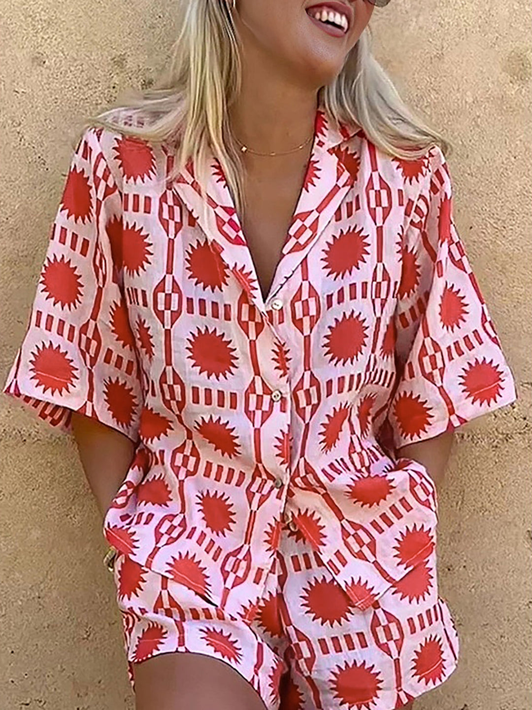 Tropical Print Drawstring Shorts Set  Liora Lane Boutique Short Sets Red / XL 42.00