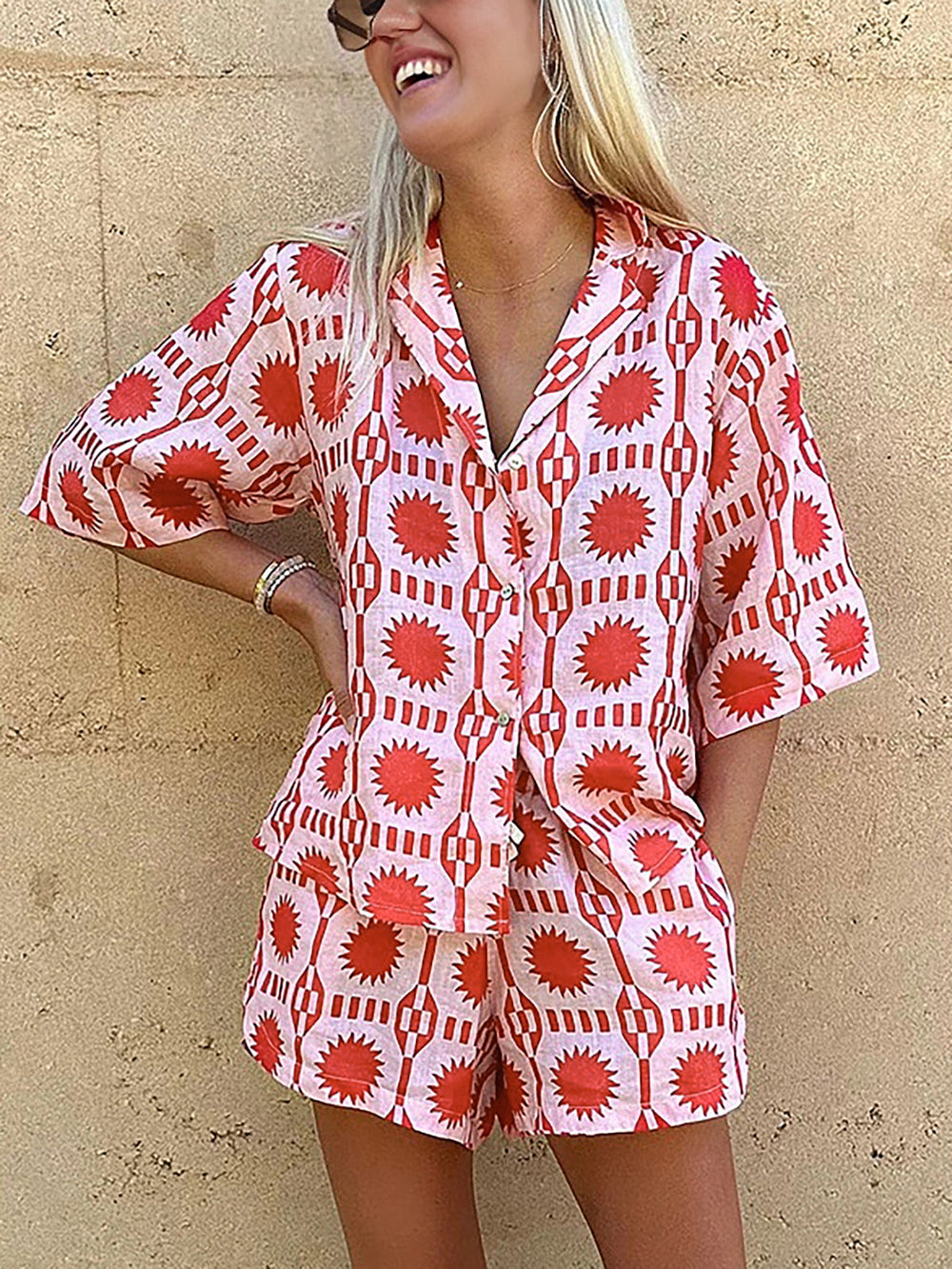 Tropical Print Drawstring Shorts Set  Liora Lane Boutique Short Sets
