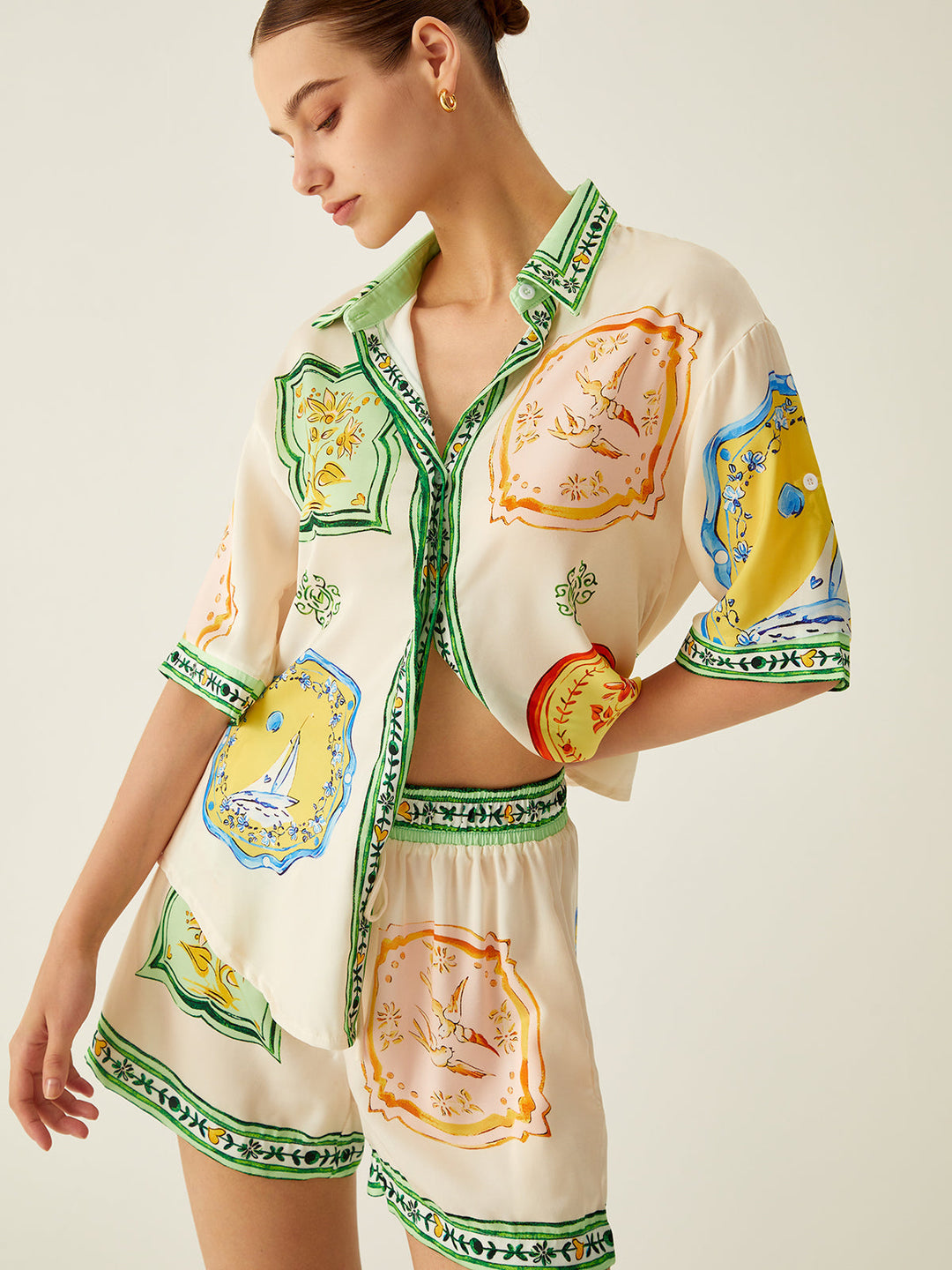 Loosen Printed Satin Shorts Set  Liora Lane Boutique Short Sets Off-White / XL 48.00