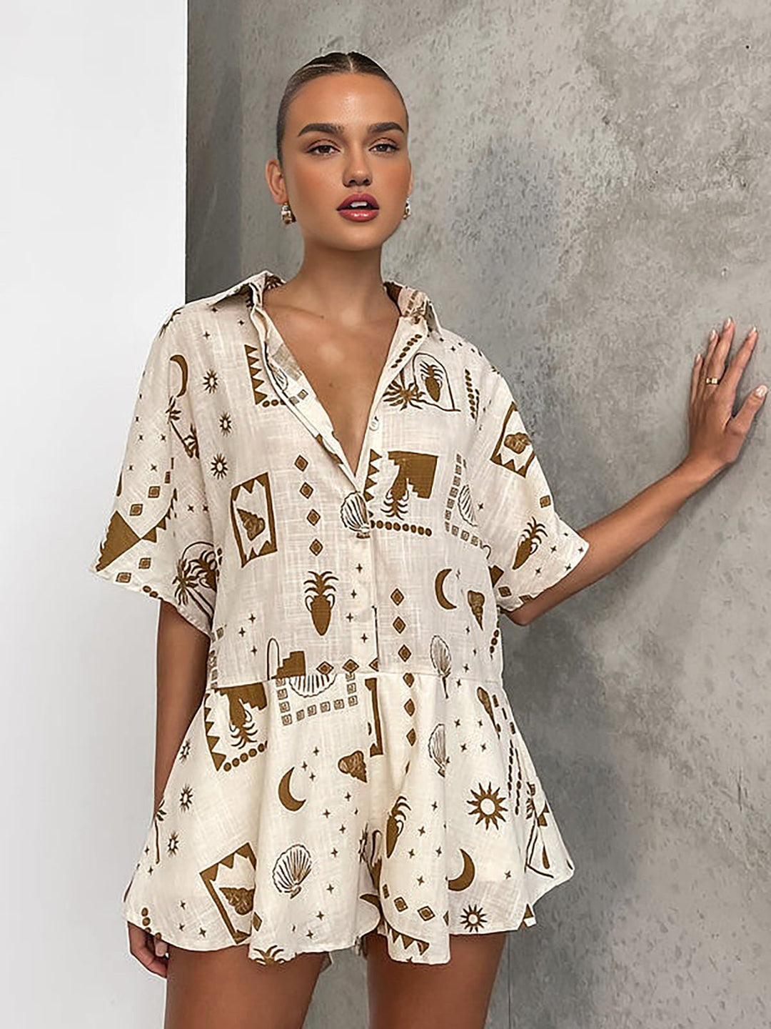 Semi-Sheer Loosen Print Jumpsuit  Liora Lane Boutique Jumpsuits Off-White / XL 94.99