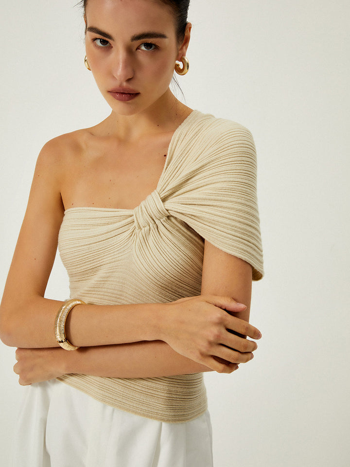 Asymmetrical One Shoulder Knotted Knit Top  Liora Lane Boutique Knit Tops Apricot / XL 25.00