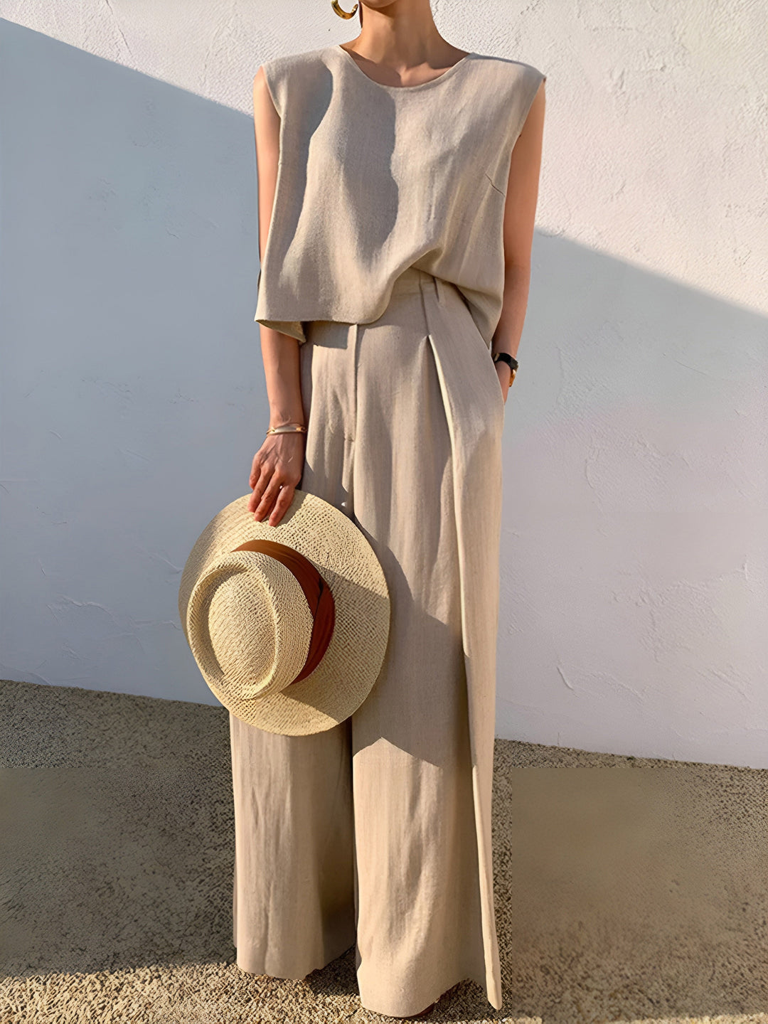 Linen Blends Casual Pants Set  Liora Lane Boutique Pant Sets Khaki / XL 153.99