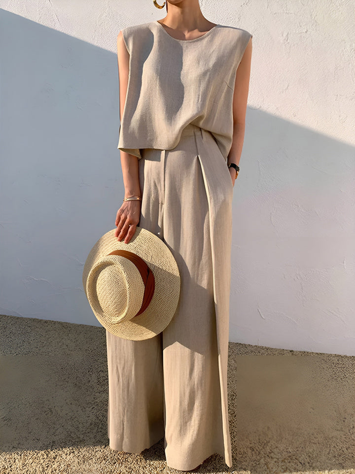 Linen Blends Casual Pants Set  Liora Lane Boutique Pant Sets Khaki / XL 153.99