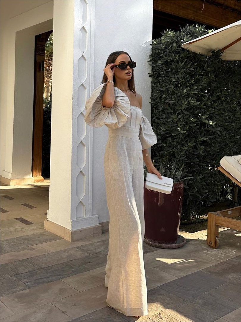 Linen Blends Puff Sleeve Jumpsuit  Liora Lane Boutique Jumpsuits