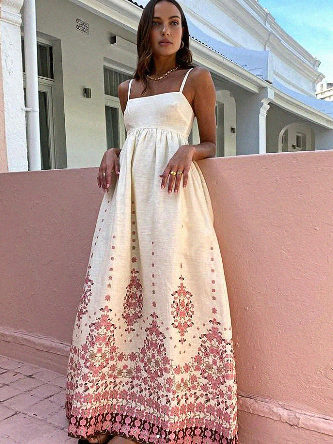 Floral Print Spaghetti Strap Long Dress  Liora Lane Boutique Dresses Off-White / XL 89.99