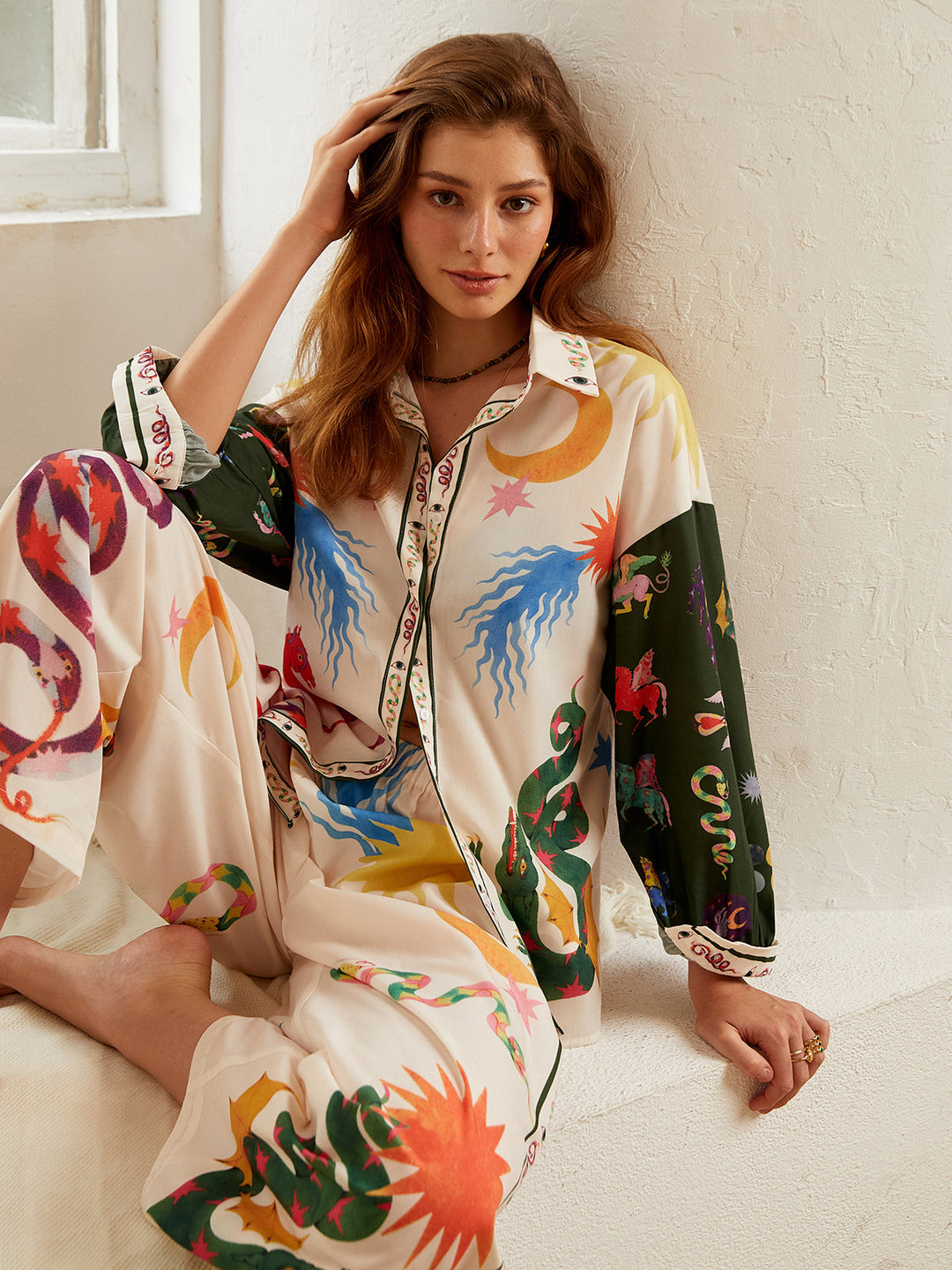 Boho Print Loose Shirt With Wide Leg Pants Set  Liora Lane Boutique Pant Sets Multicolor / XL 140.99
