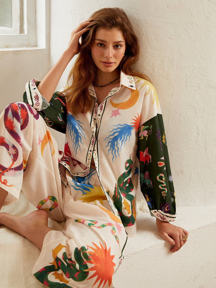 Boho Print Loose Shirt With Wide Leg Pants Set  Liora Lane Boutique Pant Sets Multicolor / XL 140.99