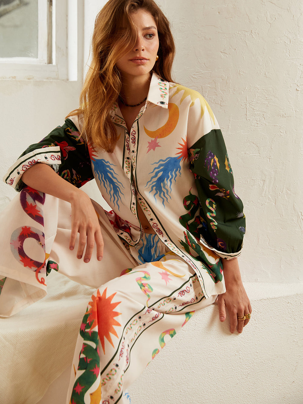 Boho Print Loose Shirt With Wide Leg Pants Set  Liora Lane Boutique Pant Sets
