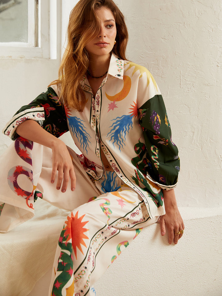Boho Print Loose Shirt With Wide Leg Pants Set  Liora Lane Boutique Pant Sets