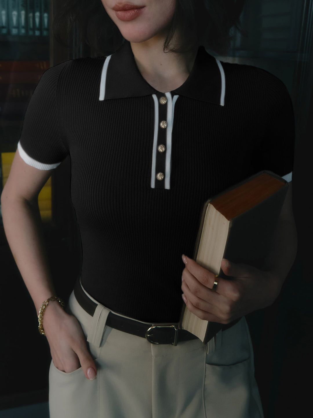 Contrast Trim Metal Button Knit Top  Liora Lane Boutique Knit Tops