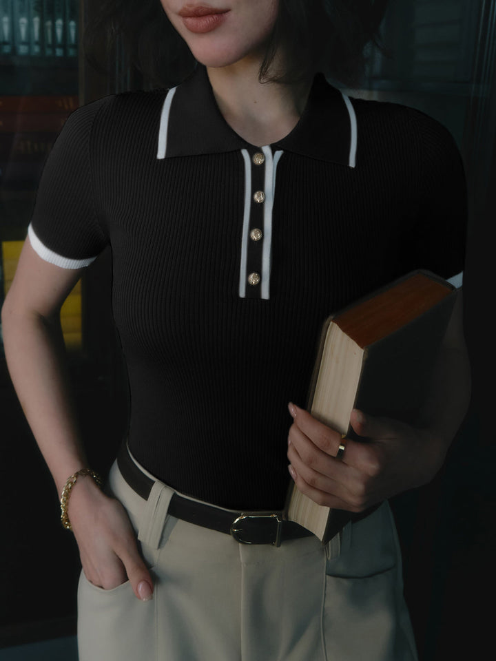 Contrast Trim Metal Button Knit Top  Liora Lane Boutique Knit Tops