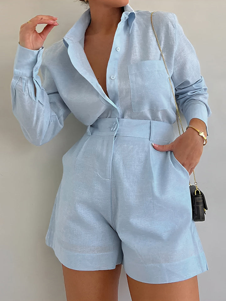 Long Sleeve Loose Shorts Set  Liora Lane Boutique Short Sets Blue / XL 59.00