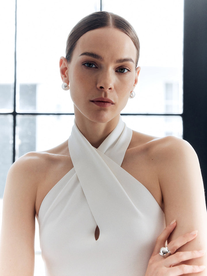 Halter Criss Cross Backless Knit Top  Liora Lane Boutique Knit Tops