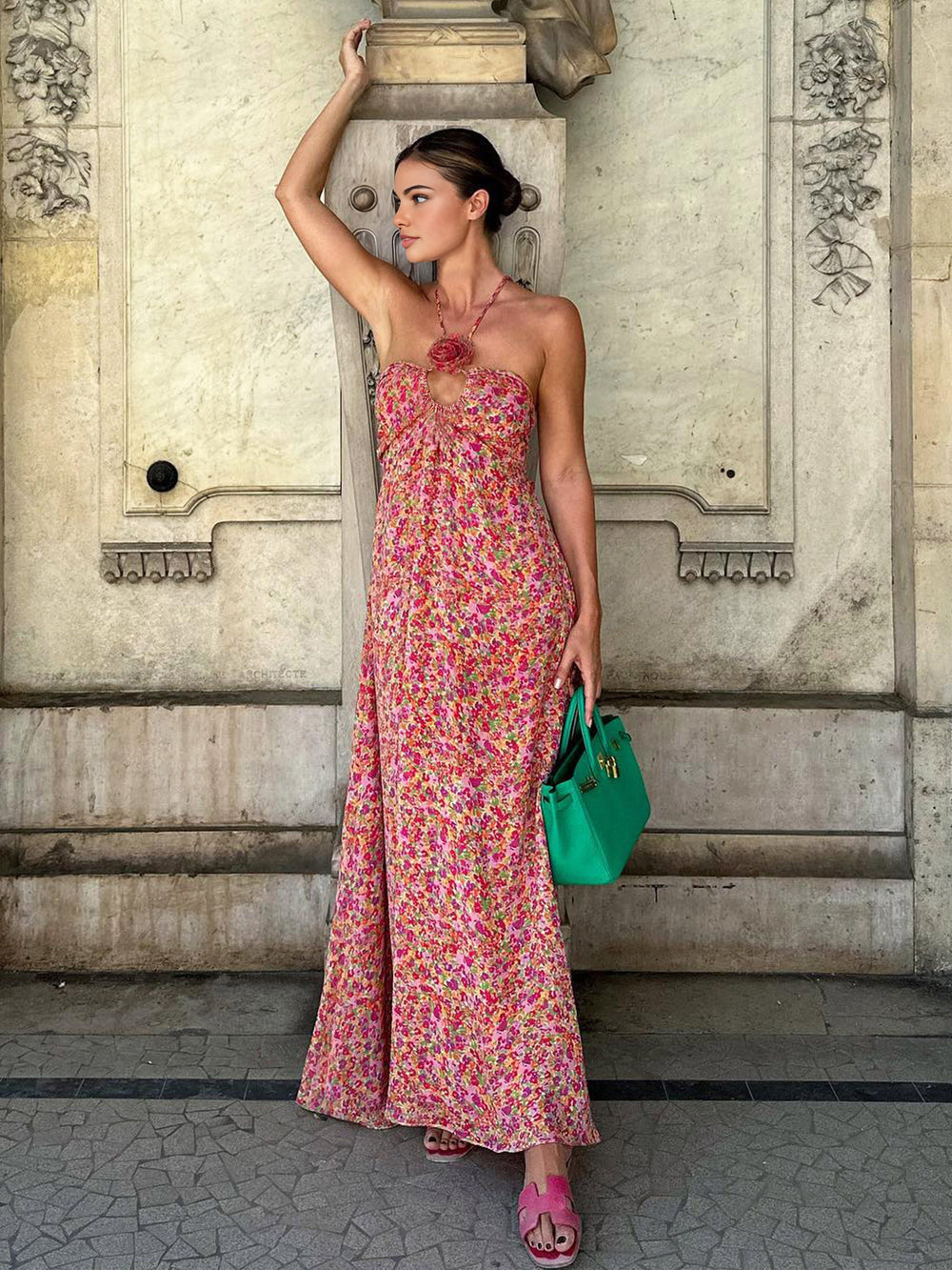 Boho Floral Print Rosette Decor Halter Long Dress  Liora Lane Boutique Dresses