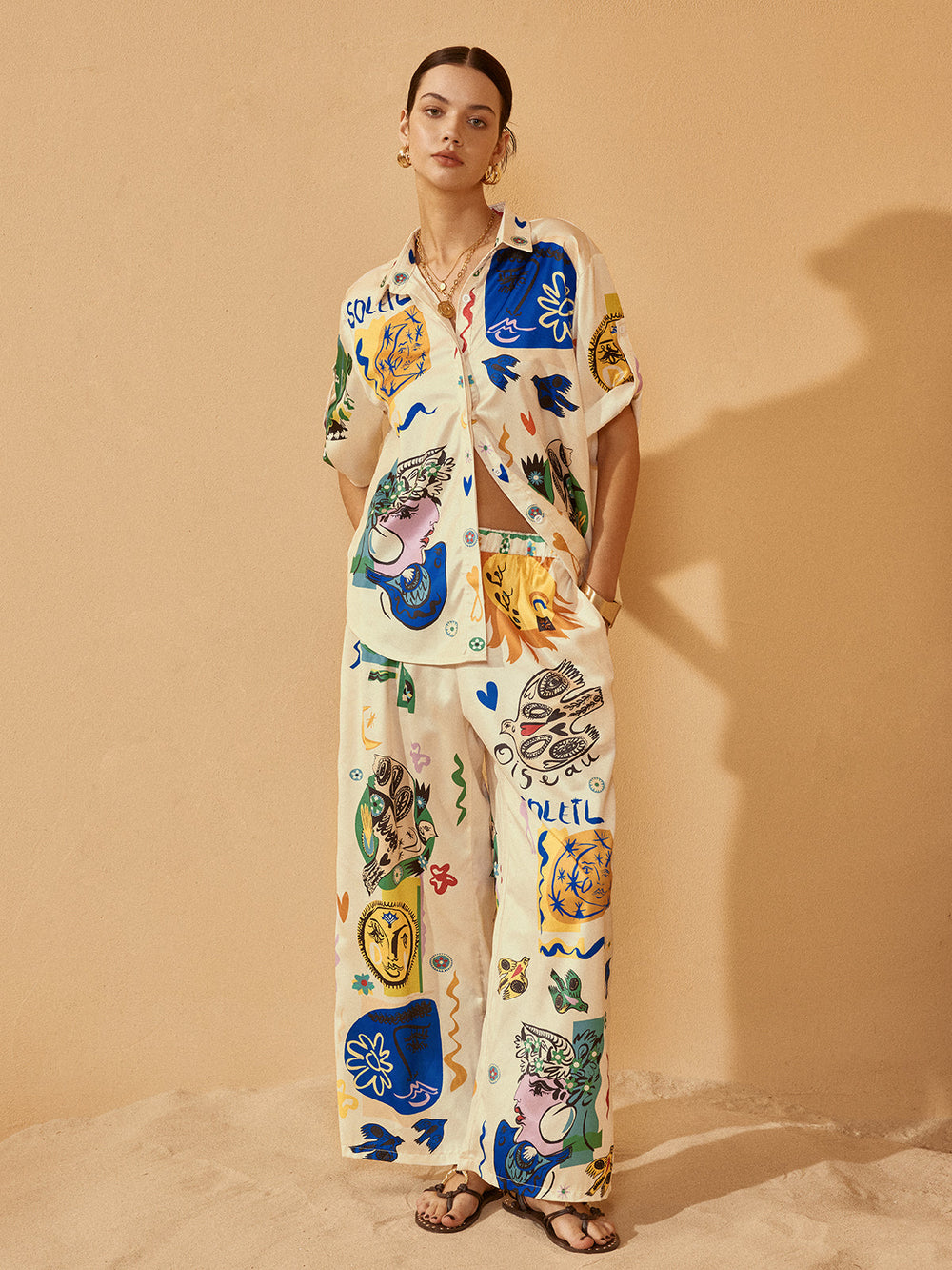 Satin Graffiti Lapel Pants Set  Liora Lane Boutique Pant Sets