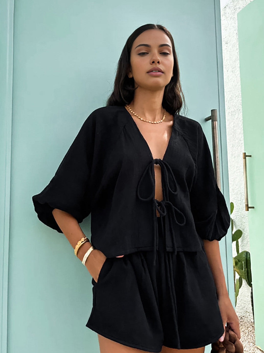 Cotton Tie-Front Long Sleeve Shorts Set  Liora Lane Boutique Short Sets