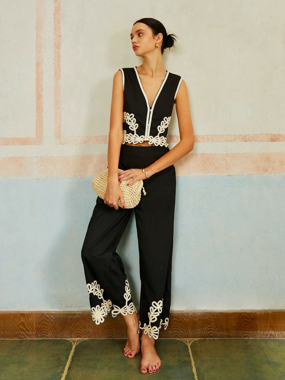 Casual Embroidery Sleeveless Zipper Pants Set  Liora Lane Boutique Pant Sets Black / XL 172.99