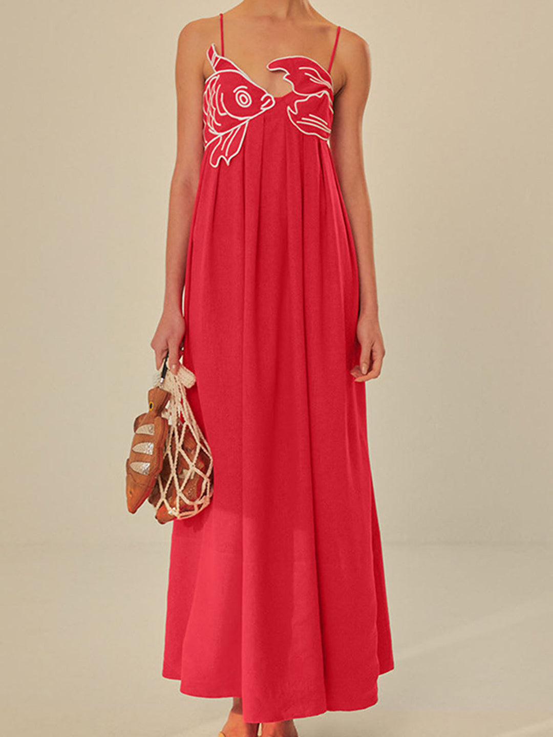 Embroidered Fish Semi-Sheer Cami Dress  Liora Lane Boutique Dresses Red / XL 84.99