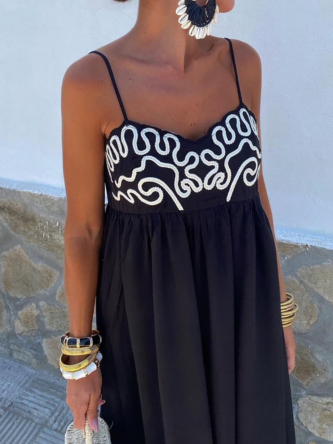 Embroidered Shirred Spaghetti Strap Long Dress  Liora Lane Boutique Dresses
